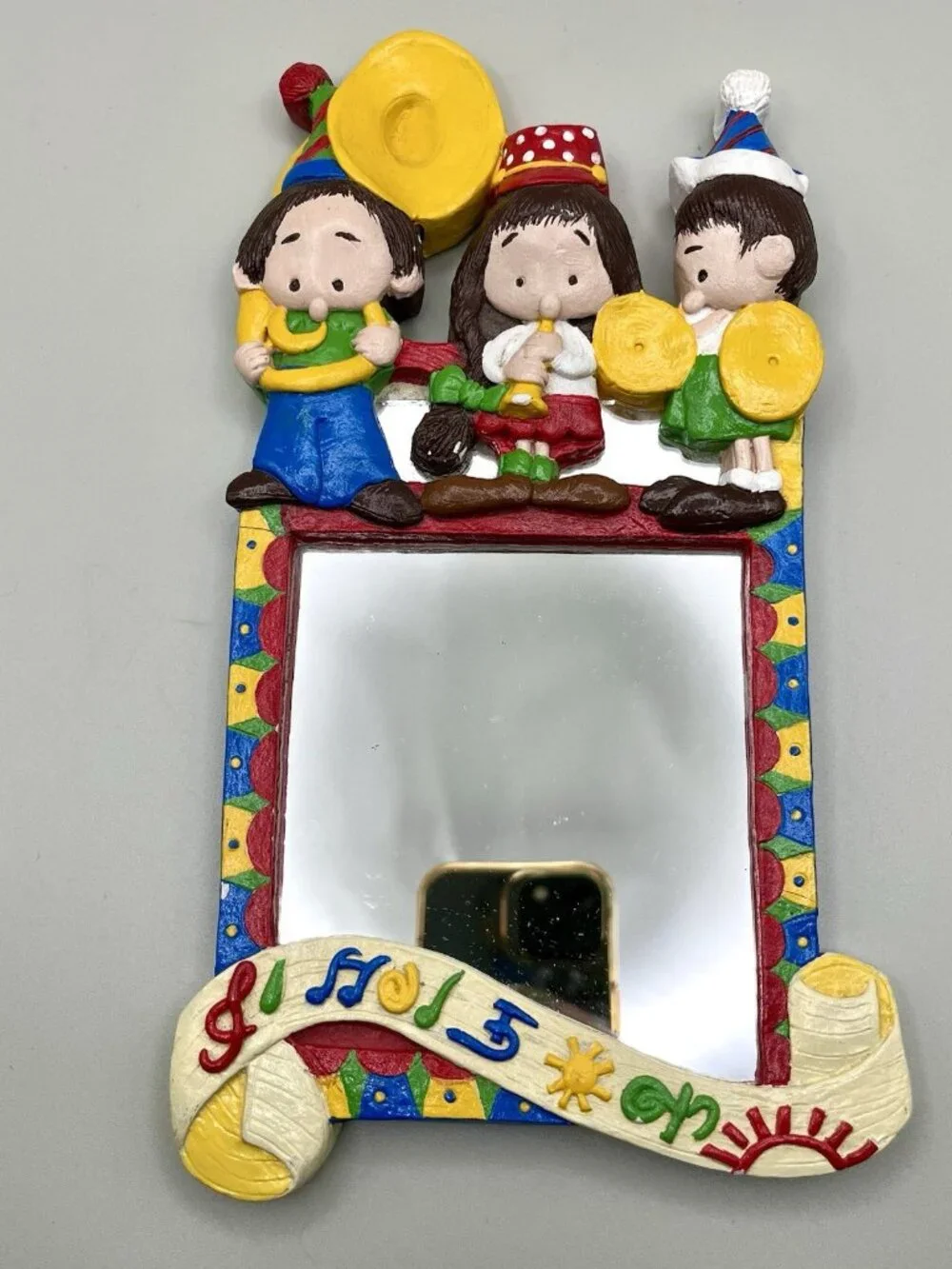 Vintage Chalkware Children’s Band Wall Mirror Folk Art Music Whimsical Kitsch